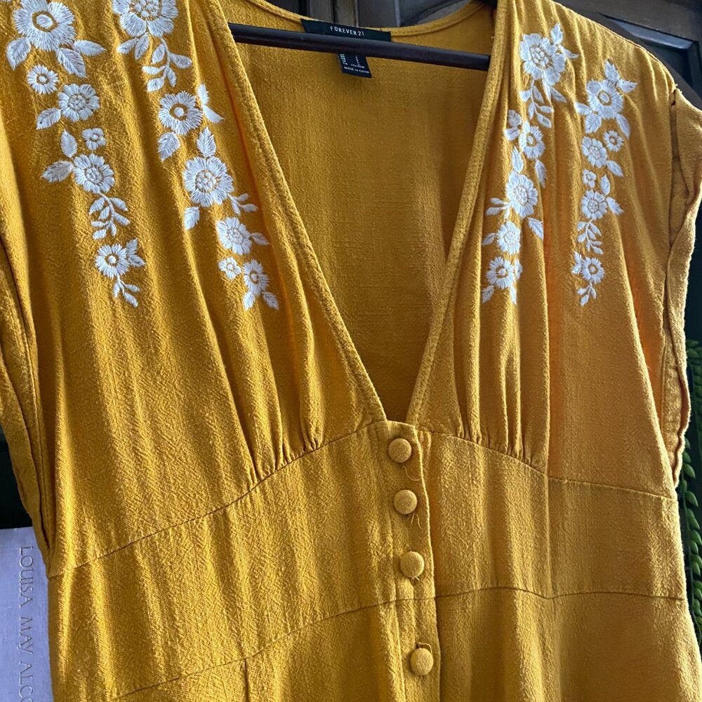 Forever 21 Mustard Yellow Embroidered Button-Front Mini Dress Size L - Picture 7 of 10